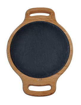 Блюдо для подачи круглое d=25 см. h=1,5 см. черное, сланец, на дерев. подставке с ручками /1/